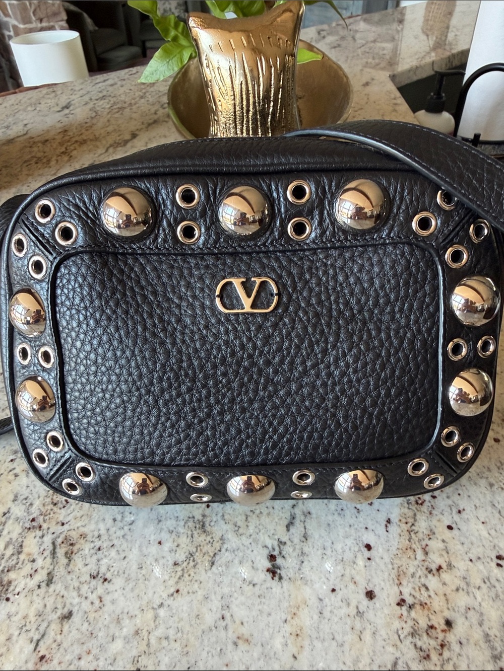 Valentino Garavani Black Pebbled Leather Crossbody with Gold Hardware
